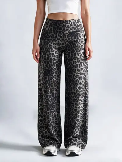 Women's Leopard Print Wide-Leg Sports Pants, Brushed Fabric - 11