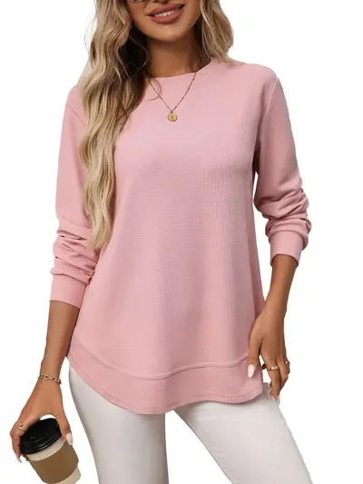 Damen-Waffel-Strick-Langarmshirt, locker geschnitten