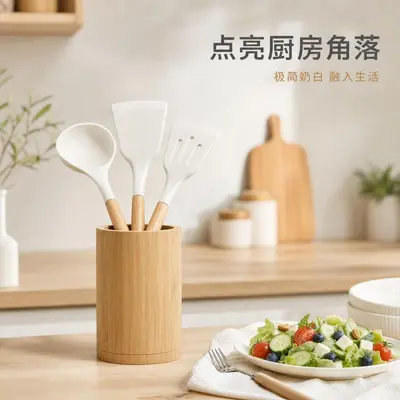 Rutschfeste Silikon-Kochbesteck-Set mit Holzgriff, Küchentools Kochbesteck-Set, Wok-Spatel, Suppenkelle, Siebkelle-Set