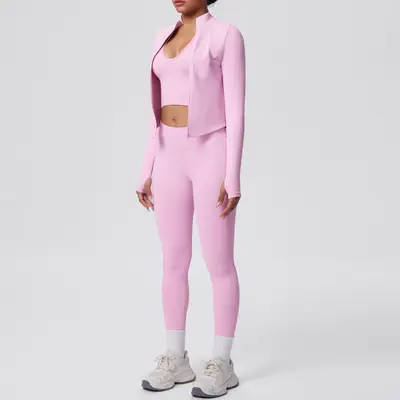 Seamless Solid Color Yoga Set, 3-Piece, Breathable, High Stretch - 4