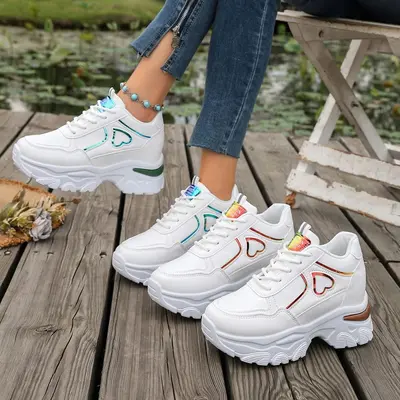 Women's Chunky Dad Sneakers with Hidden Heel, Plus Size, White