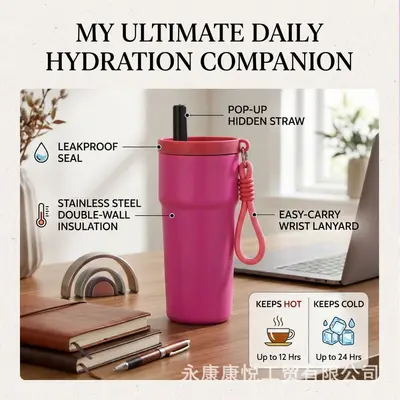 304 Paslanmaz Çelik Termos Kupa, Taşıma Askılı, 500 ml