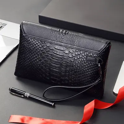Crocodile Pattern Black Genuine Leather Men's Clutch Bag, Large Capacity - 4
