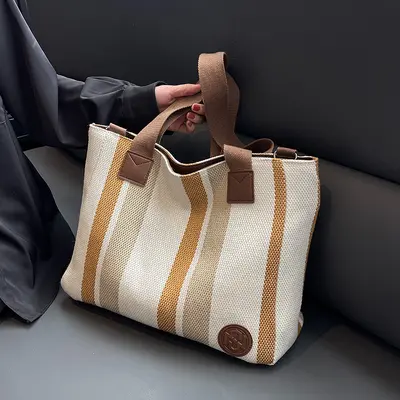 Large Capacity Canvas Bag Korean Style Casual Women's Fashion Single Shoulder Bag Vertical Striped Niche Versatile Commuter Women's Tote Bag