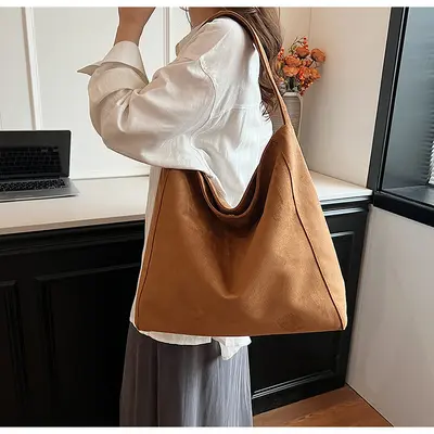 Large Capacity Suede-Look Tote Bag Women's Retro Single Shoulder Bag - 4
