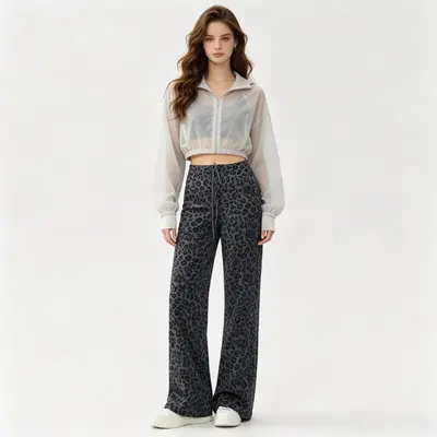 Damen-Yogahose mit Leopardenmuster und weitem Bein, hohe Taille - 10