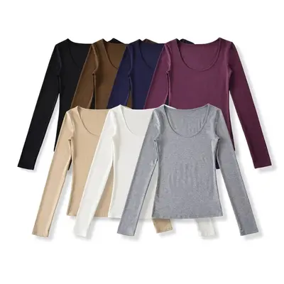 Women's U-Neck Long Sleeve Stretch Base Top, Solid Colour