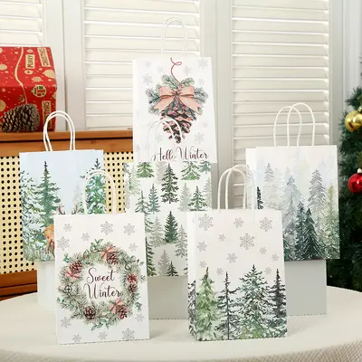 Kraft Paper Party Gift Bag Christmas Forest Print Tote