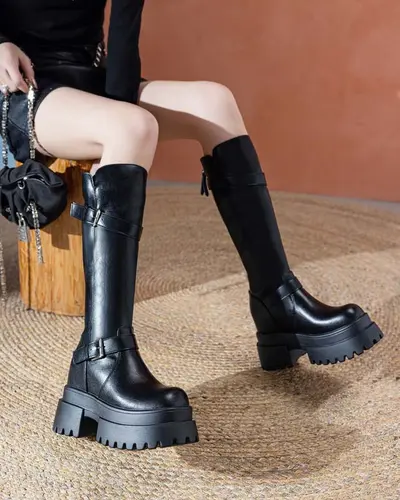 Hidden Heel Lift High-Top Riding Boots, Women's Leg-Lengthening Winter Boots - 9