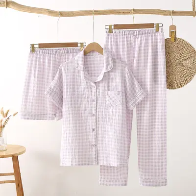 Double-Layer Pure Cotton Gauze Women's Short-Sleeve Pajama Set, 3-Piece - 10