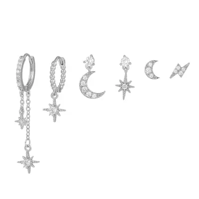 Star and Moon Chain Tassel Earring Set, Hexagonal Zircon - 7