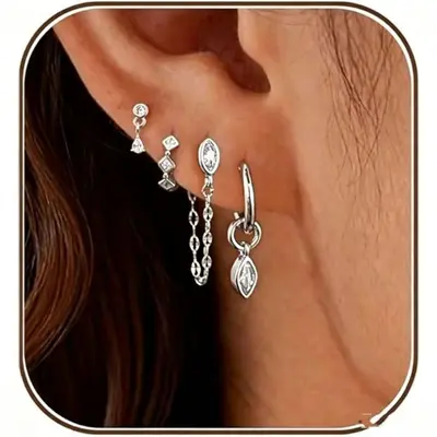 Copper Earring Set with Real Gold Plating and Zircon Stones - 7
