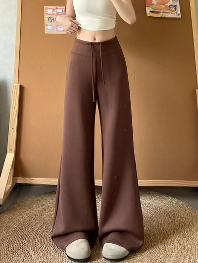 Kahverengi geniş paça pantolon, yüksek bel, bağcıklı