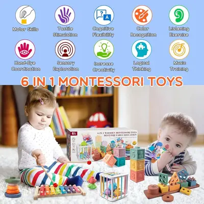 Montessori Altersklassifizierung Stapel-Lernspielzeug 6-12 Monate Holzbausteine Xylophon Babyzahnungsspielzeug