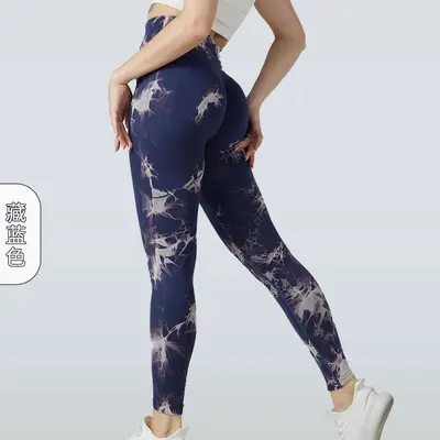 跨境蜜桃臀瑜伽裤高腰收腹健身裤女扎染跑步运动紧身速干透气长裤 - 7