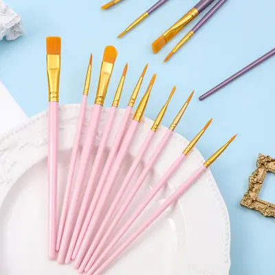 Grenzüberschreitende Amazon 10er Kunststoff-Langgriff Kinder-Kunsthandwerk DIY Ölfarben Nylon Gouache Acryl Set Pinsel