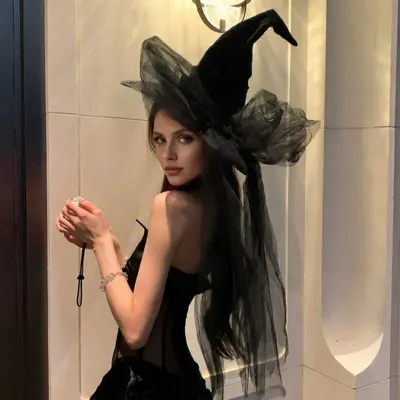Black Pleated Mesh Witch Hat for Halloween and Cosplay Costume - 8