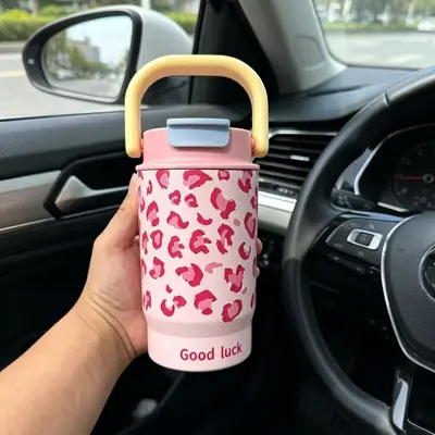 316 Paslanmaz Çelik Termos Bardak Kadınlar İçin Leopar Desenli Pipetli 600 ml - 8