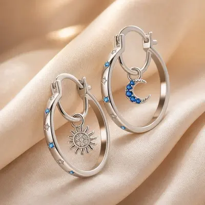 Çift katmanlı yıldız ay kulak halkası, moda tasarımı