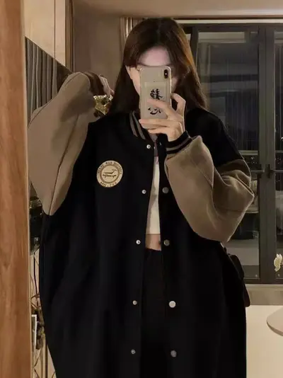 Kadınlar için sınır ötesi tembel stil beyzbol ceketi, sonbahar ve kış polar astarlı kalın retro gevşek gündelik hırka sweatshirt ins trendi