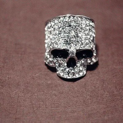 Punk Skull Ring, Metal, Rhinestone Studded - 3
