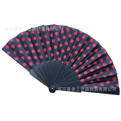 Single-Sided Fabric Polka Dot Folding Dance Fan with Plastic Ribs, White - 12