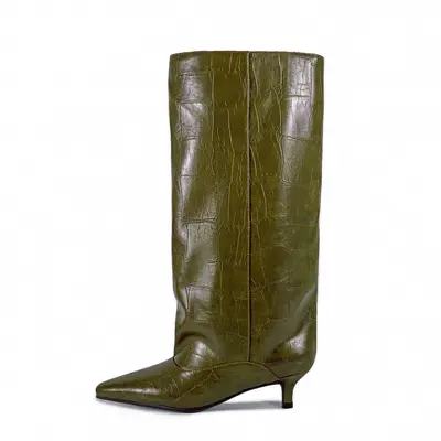 European and American Style Foreign Trade Kitten Heel Oversized Wide-Barrel Design Irregular Stone Pattern Individual Knee-High Boots Plus Sizes 35-45