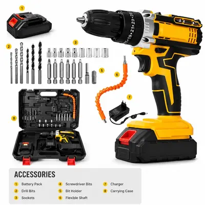 21V Kabelloses Lithium-Akku-Schlagbohrwerk Handbohrmaschine Zweigangbohrmaschine Ladebohrmaschine Pistolenbohrmaschine Elektroschrauber Bohrmaschinen-Set
