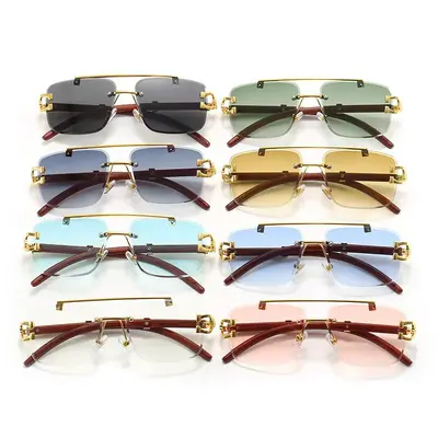 Frameless Square Sunglasses, Leopard Print, Wood-Grain Temples, UV Protection - 3