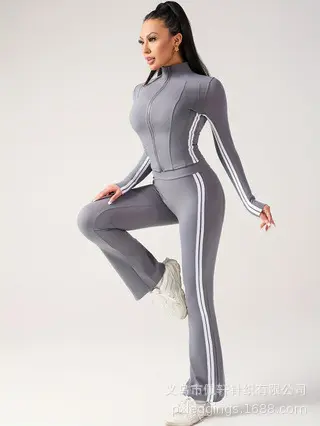 Kadın İki Parça Kontrast Şeritli Yoga Takımı, Sonbahar, Dış Mekan Koşu ve Fitness - 12