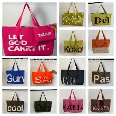 Knitted Handbag with Letter Print, Large Capacity, Solid Color Crossbody