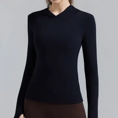Damen-Yogashirt mit Kapuze, Herbst-Winter-Velours, langarm - 6