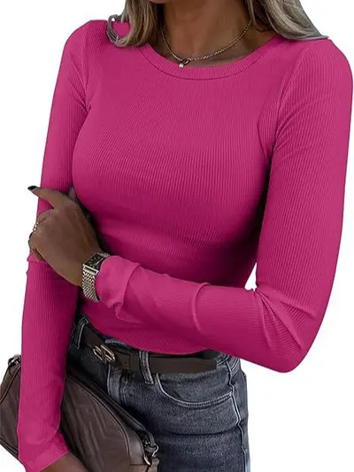 Women's Long Sleeve Slim Ribbed Basic T-Shirt, Round Neck, Elastic