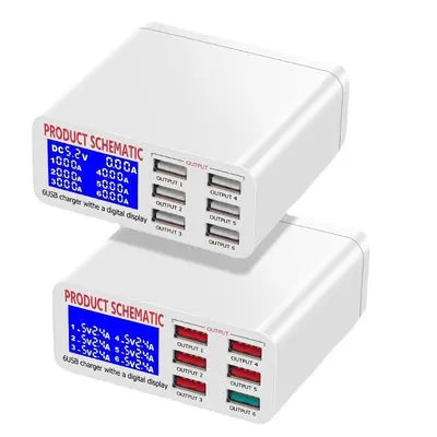 LCD ekranlı 6 portlu USB akıllı telefon şarj cihazı, çoklu portlu USB hızlı şarj 40W çok fonksiyonlu seyahat şarj başlığı