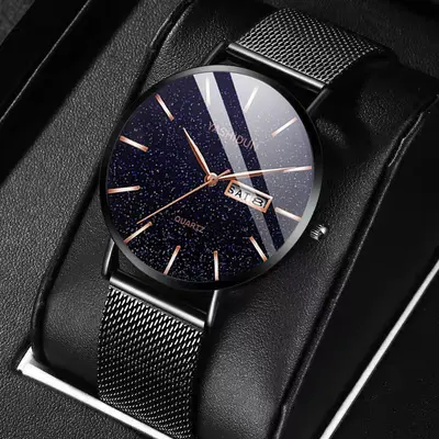 Men's quartz watch, waterproof, dual calendar, starry sky design
