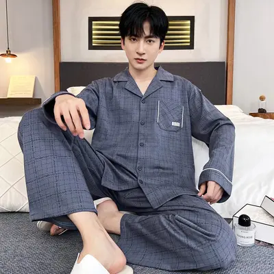 Herren-Pyjama-Set langarm mit Strickjackenkragen, Übergröße - 10
