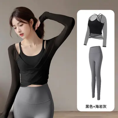 Women's Pilates Yoga Set, Quick-Dry Fitted Two-Piece with Long-Sleeve Top - 11