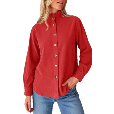 Women's Solid Color Ruffle Collar Corduroy Shirt Jacket