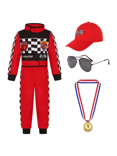 Children's red and black one-piece racing suit for parties and performances