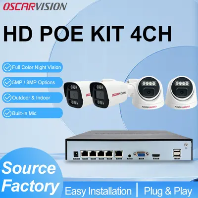 PoE security camera set 4K high resolution night vision recording monitor 4-channel full color home outdoor camera