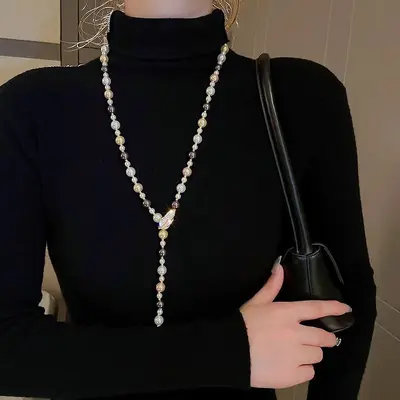 Uzun cam inci kolye kadın Hepburn stili retro - 11