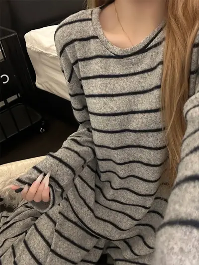 Women's Striped Two-Piece Pajama Set, Autumn Plus Size - 3