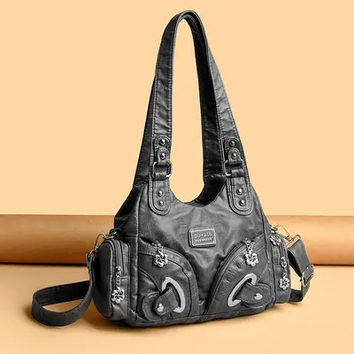 Soft Leather Retro Rivet Shoulder Bag, Large Capacity
