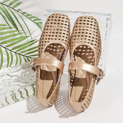 Women's Hollow Mary Jane Shoes, Woven Detail, Square Toe, Flat Sole