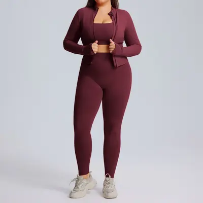 Plus Size Long-Sleeve Yoga Set for Women, Three-Piece, Quick-Dry - 13