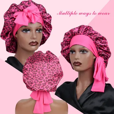 Leopard Print Drawstring Sleep Cap with Wide-Brim Beauty Hair Care Hat