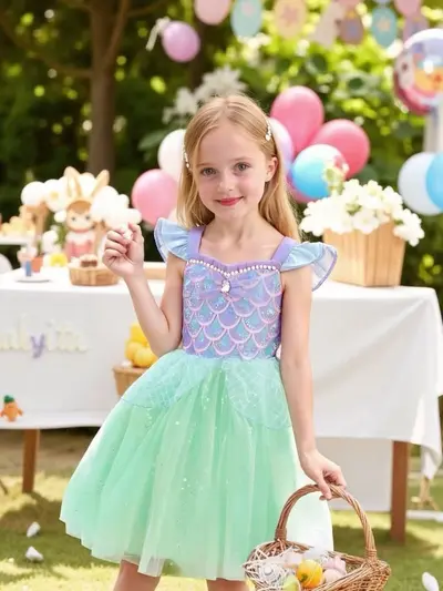 Girls Summer Flutter Sleeve Mesh Dress with Sequin Mermaid Princess Style