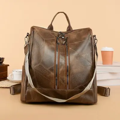 Large-Capacity Women's Backpack with PU Trim, Autumn and Winter Style