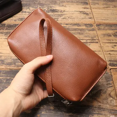 Men's Genuine Leather Clutch and Long Wallet, Soft Leather, Zipper, Cowhide