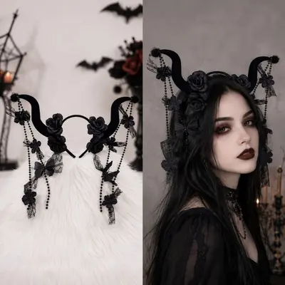 Halloween Devil Horn Headband with Black Veil and Skull Flower - 10